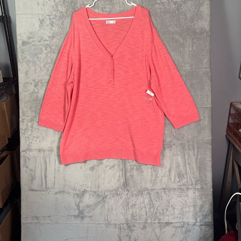 NWT New Croft & Barrow Coral Pink Knit Button Front Top 3/4 Sleeve Size 3X